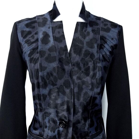 Per Se Carlisle Blue Leopard Print Genuine Fur & Black Ponte Knit Jacket Size 0 - Picture 3 of 8